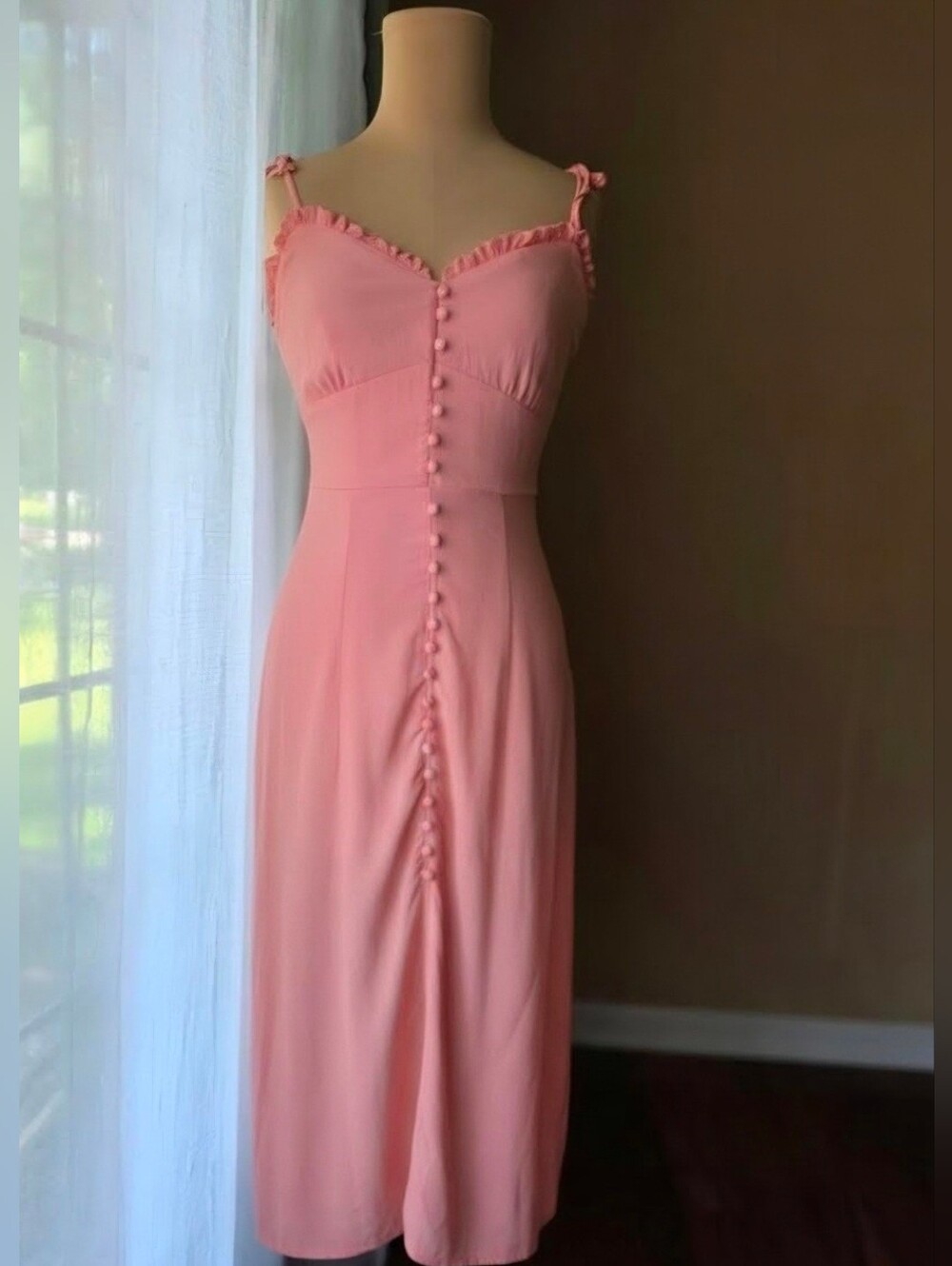 Row A Sophie Button Front Ruffle Midi Dress Small Coral Peach Sundress Boho Chic